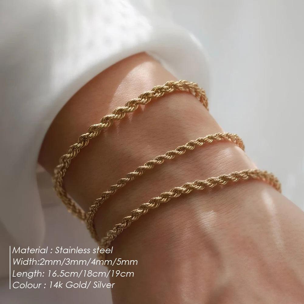 Twisted Rope Chain Bracelet for Women – Stainless Steel Gold or Silver Minimalist Bracelet (2mm / 3mm / 4mm / 5mm)