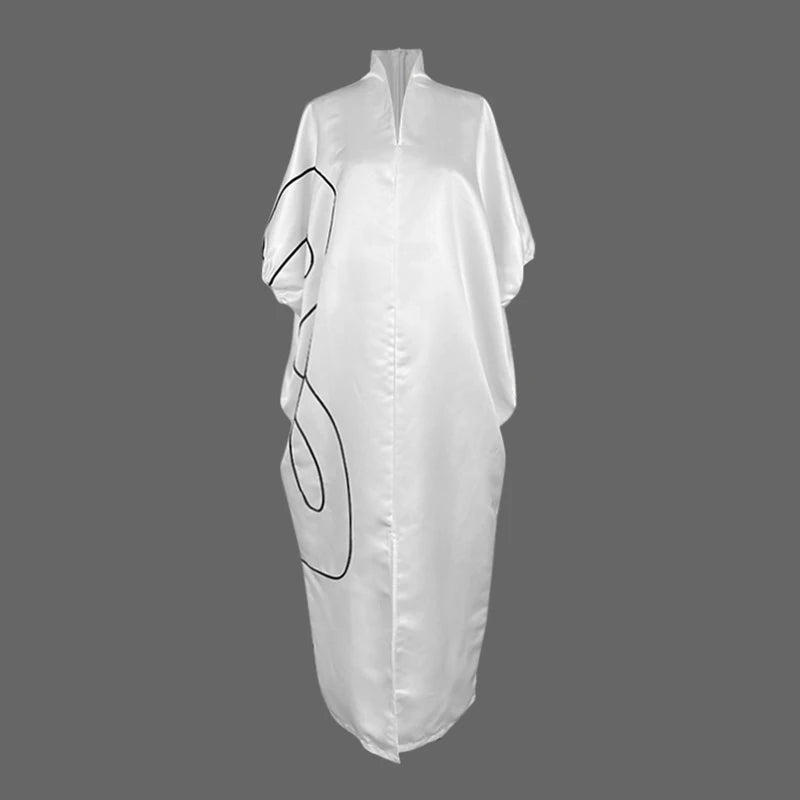 Plus Size White Printed Abaya Dress – Oversized Modest Maxi Dress with Puff Sleeves, Elegant Spring Summer Islamic Wear
