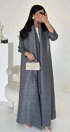 Elariah Retro Printed Pleated Abaya Coat – Belted Chiffon Maxi Modest Windbreaker Jacket for Women (One Size)