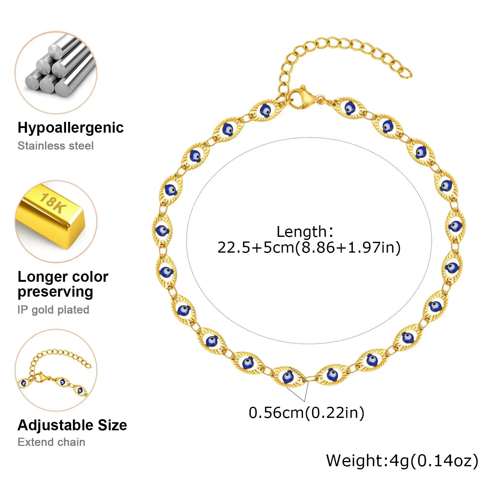 Gold Evil Eye Anklet for Women – Adjustable Waterproof Gold Plated Stainless Steel Anklet Bracelet, Summer Beach Foot Jewelry