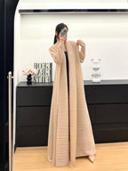 Elariah Retro Printed Pleated Abaya Coat – Belted Chiffon Maxi Modest Windbreaker Jacket for Women (One Size)