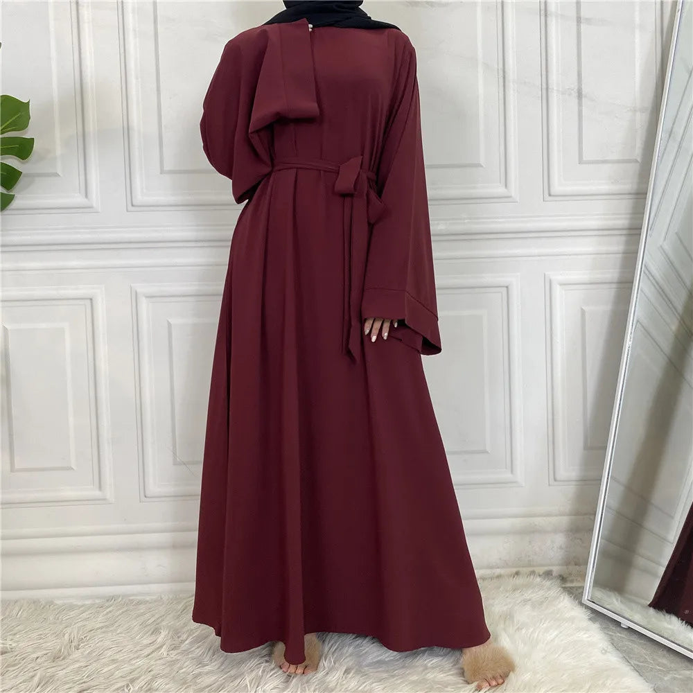 Elegant Modest Maxi Dress with Waist Tie – Long Sleeve Woven Abaya Style Dress for Women (All Season)