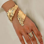 Vintage Gold Leaf Bracelet & Adjustable Ring Set for Women – Pleated Leaf Design, Elegant Gold Tone Jewelry Set