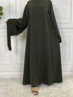 Elegant Modest Maxi Dress with Waist Tie – Long Sleeve Woven Abaya Style Dress for Women (All Season)