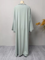 Elegant Beige Embroidered Abaya for Women – Dubai Style Modest Open Front Maxi Dress with Multicolour Detailing (All-Season)