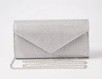 Elariah Shimmer Envelope Clutch Bag – Silver Glitter Evening Handbag with Chain Strap for Weddings & Party Wear