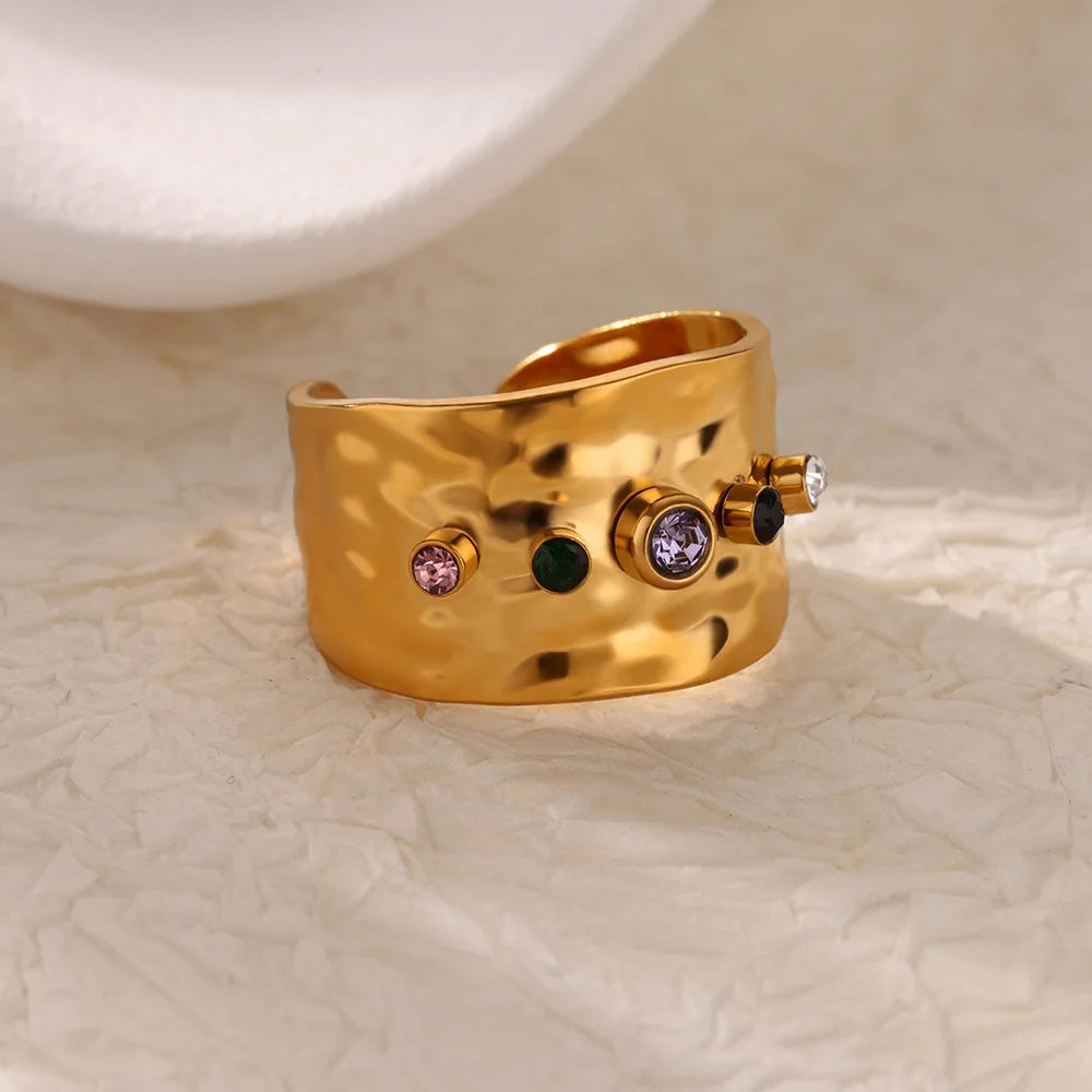 Luxury Gold-Plated Heart Ring with Colorful Zircon Stones – Adjustable Stainless Steel Cocktail Ring for Women