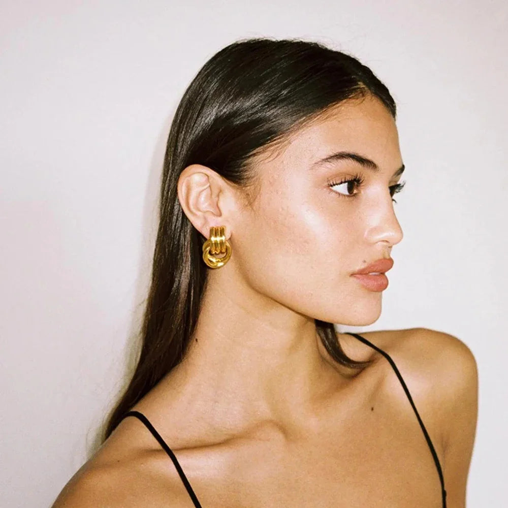 18K Gold Plated Stainless Steel Multilayer Circle Knot Drop Earrings for Women – Textured Statement Round Earrings