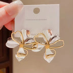 Trendy White & Brown Resin Flower Hoop Earrings – Statement Gardenia Design