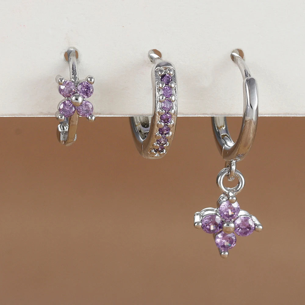 3-Piece Stainless Steel Flower Drop Earrings Set with Cubic Zirconia – Hypoallergenic Floral Dangle Earrings for Women