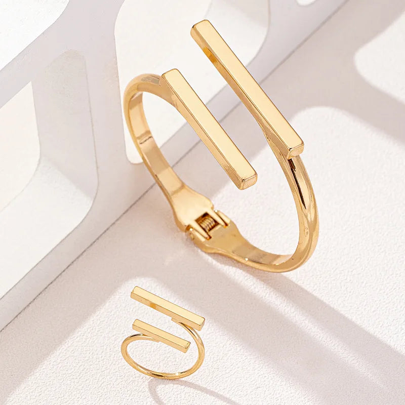 Geometric Open Bracelet & Ring Set for Women – Minimalist Stainless Steel Cuff Bangle and Adjustable Ring Jewelry Set