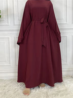 Elegant Modest Maxi Dress with Waist Tie – Long Sleeve Woven Abaya Style Dress for Women (All Season)