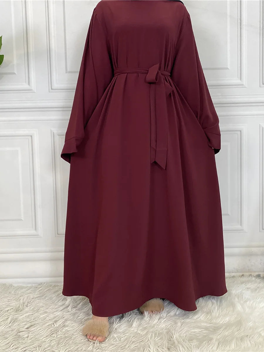 Elegant Modest Maxi Dress with Waist Tie – Long Sleeve Woven Abaya Style Dress for Women (All Season)
