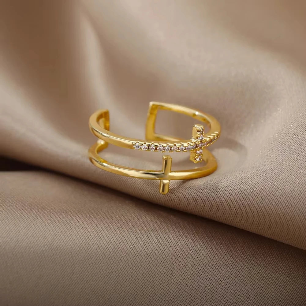 ELARIAH 18K Gold Plated Zircon Geometric Open Ring – Adjustable Stainless Steel Wedding & Party Band for Women