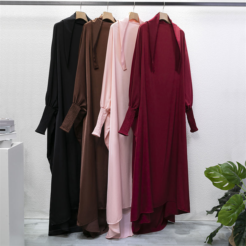 Elariah Hooded Modest Abaya Dress – Loose Fit One-Piece Jilbab with Smocked Sleeves (Black)