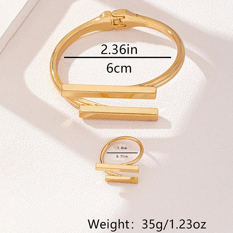 Geometric Open Bracelet & Ring Set for Women – Minimalist Stainless Steel Cuff Bangle and Adjustable Ring Jewelry Set