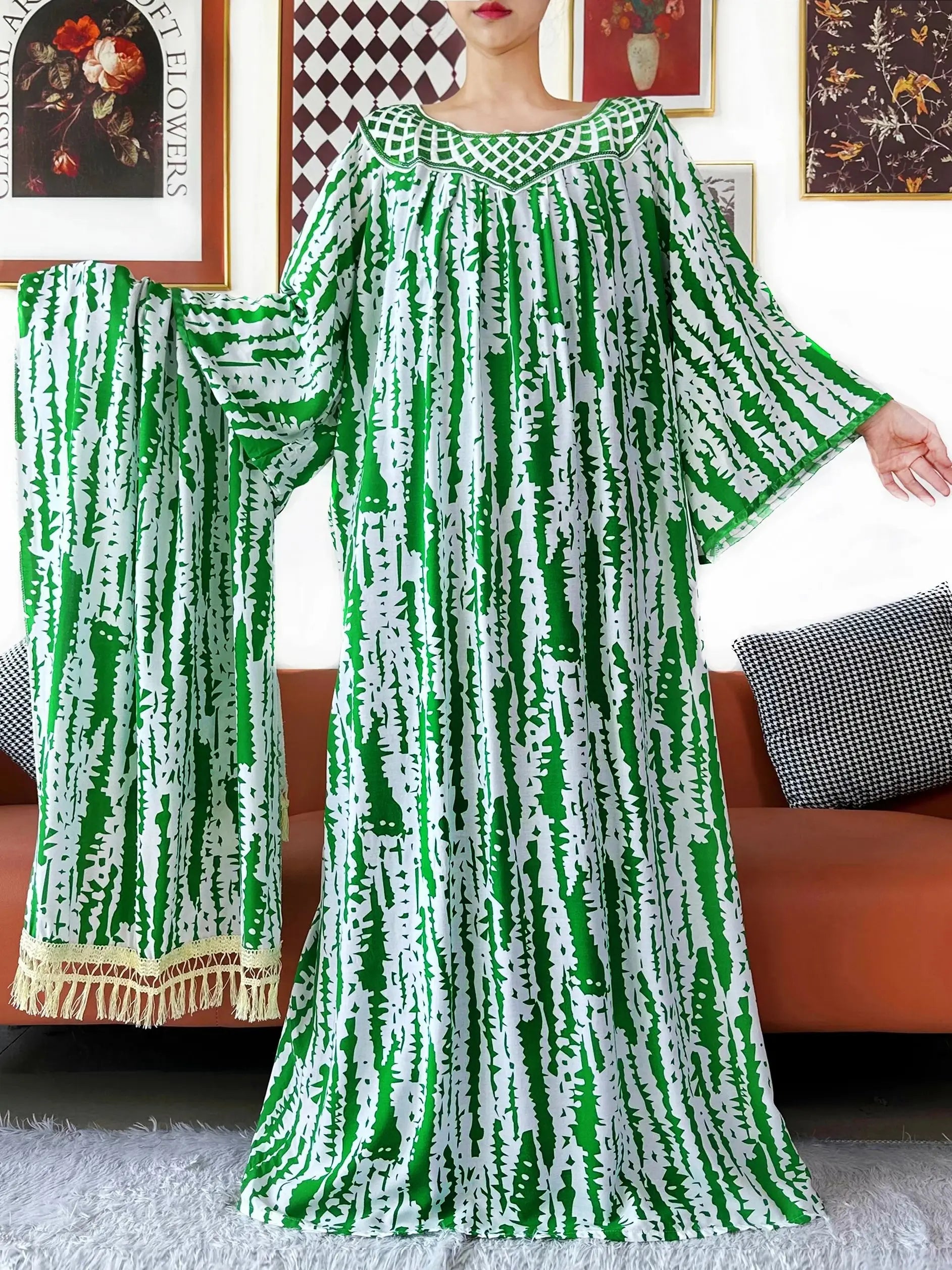 Embroidered Cotton Abaya Dress – Loose Boho Maxi Kaftan with Tassel Detail (One Size, 6 Colours)