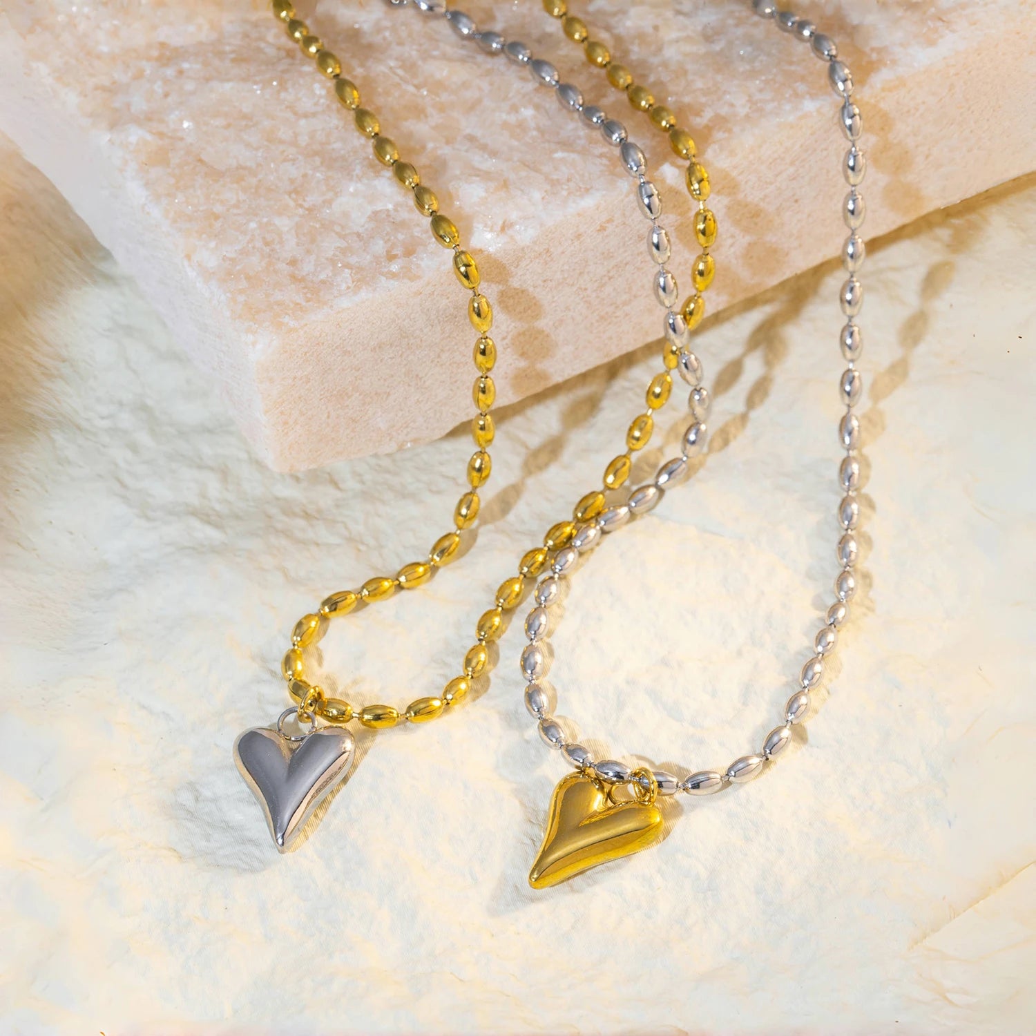 18K Gold Plated Heart Pendant Necklace – Stainless Steel Bead Chain, Dainty Romantic Jewelry for Women