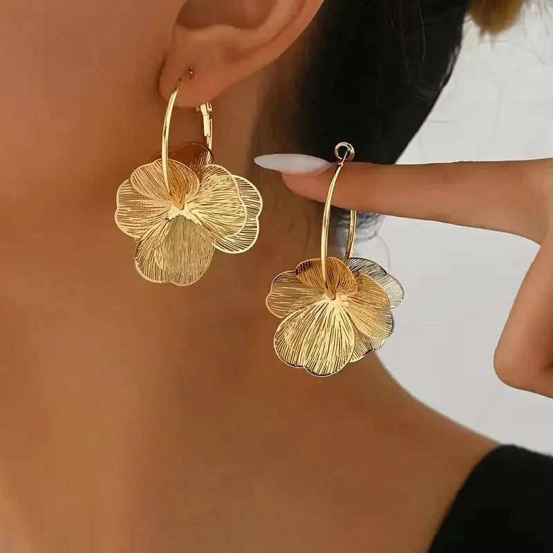 Golden Double-Layer Hollow Flower Hoop Earrings – Vintage Ethnic Drop Design for Women