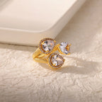Luxury Gold-Plated Heart Ring with Colorful Zircon Stones – Adjustable Stainless Steel Cocktail Ring for Women