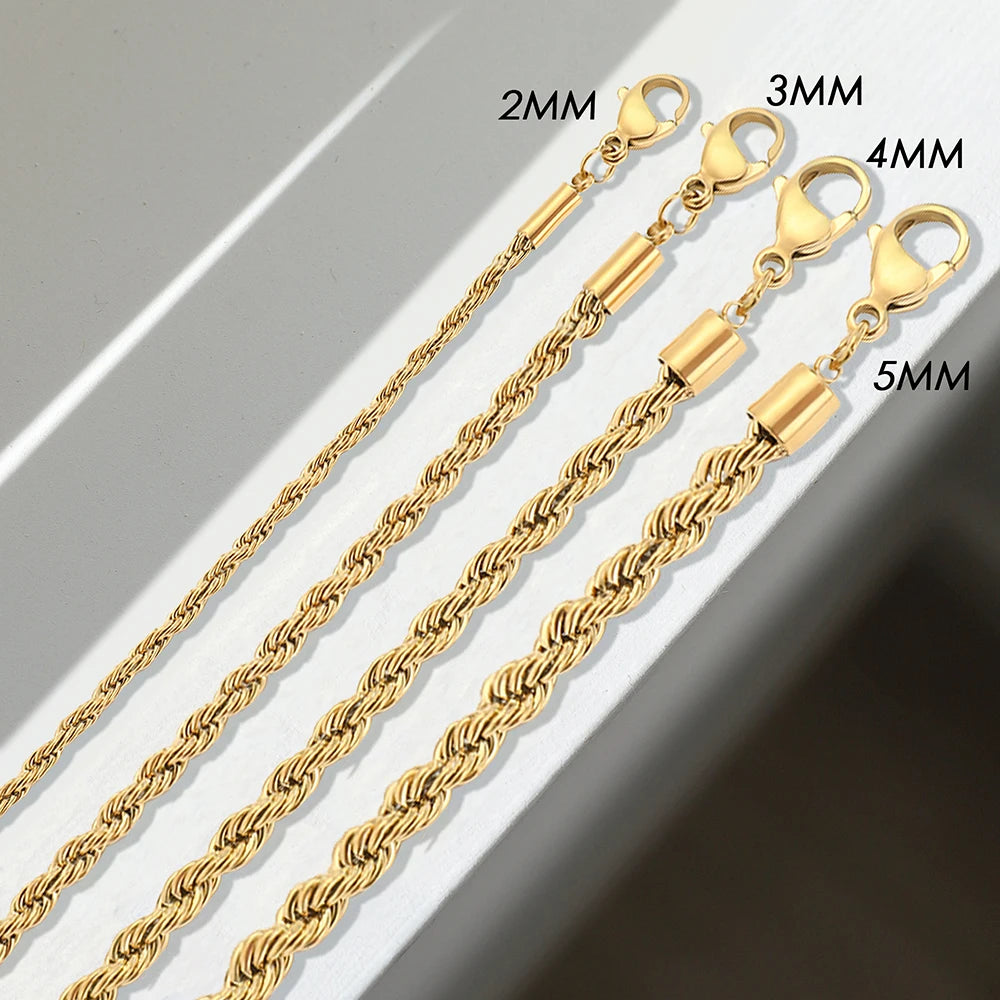 Twisted Rope Chain Bracelet for Women – Stainless Steel Gold or Silver Minimalist Bracelet (2mm / 3mm / 4mm / 5mm)