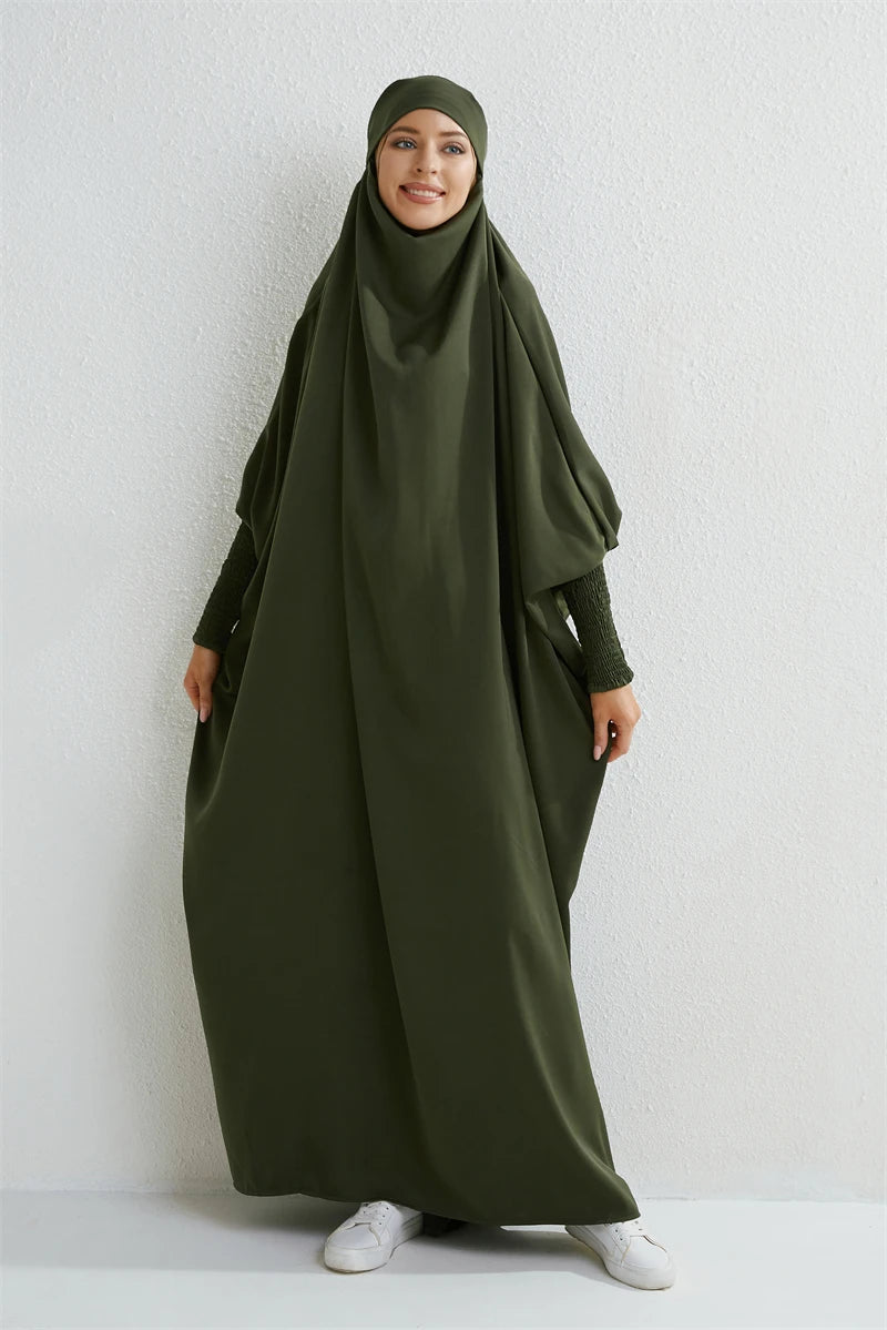 Elariah Hooded Modest Abaya Dress – Loose Fit One-Piece Jilbab with Smocked Sleeves (Black)