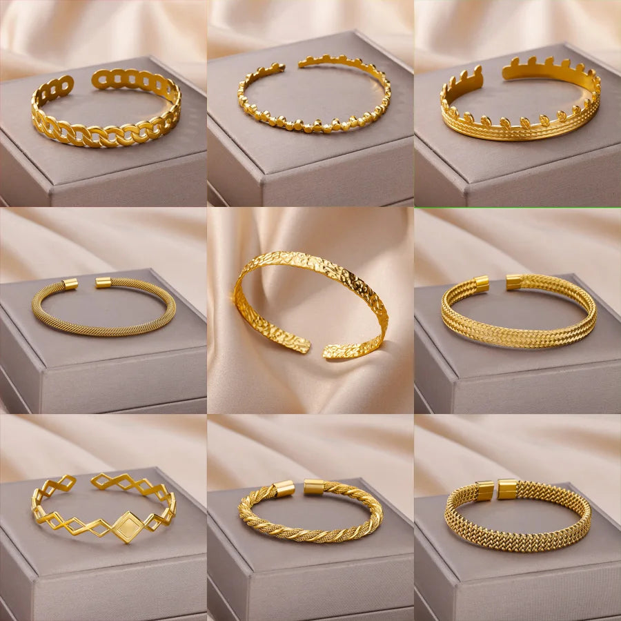 Luxury Adjustable Stainless Steel Bangle Bracelet – Waterproof Gold Cuff Jewelry for Women