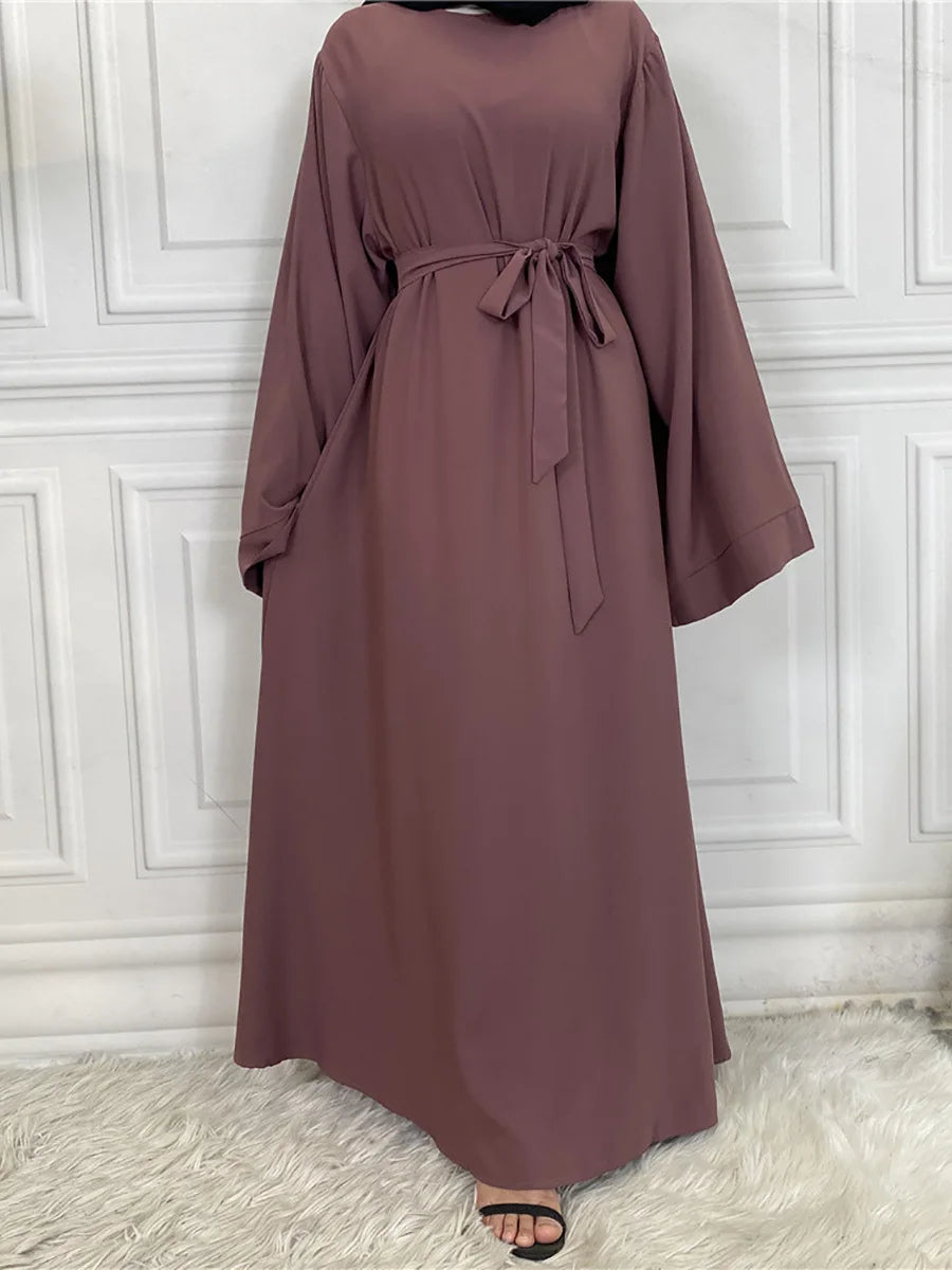 Elegant Modest Maxi Dress with Waist Tie – Long Sleeve Woven Abaya Style Dress for Women (All Season)