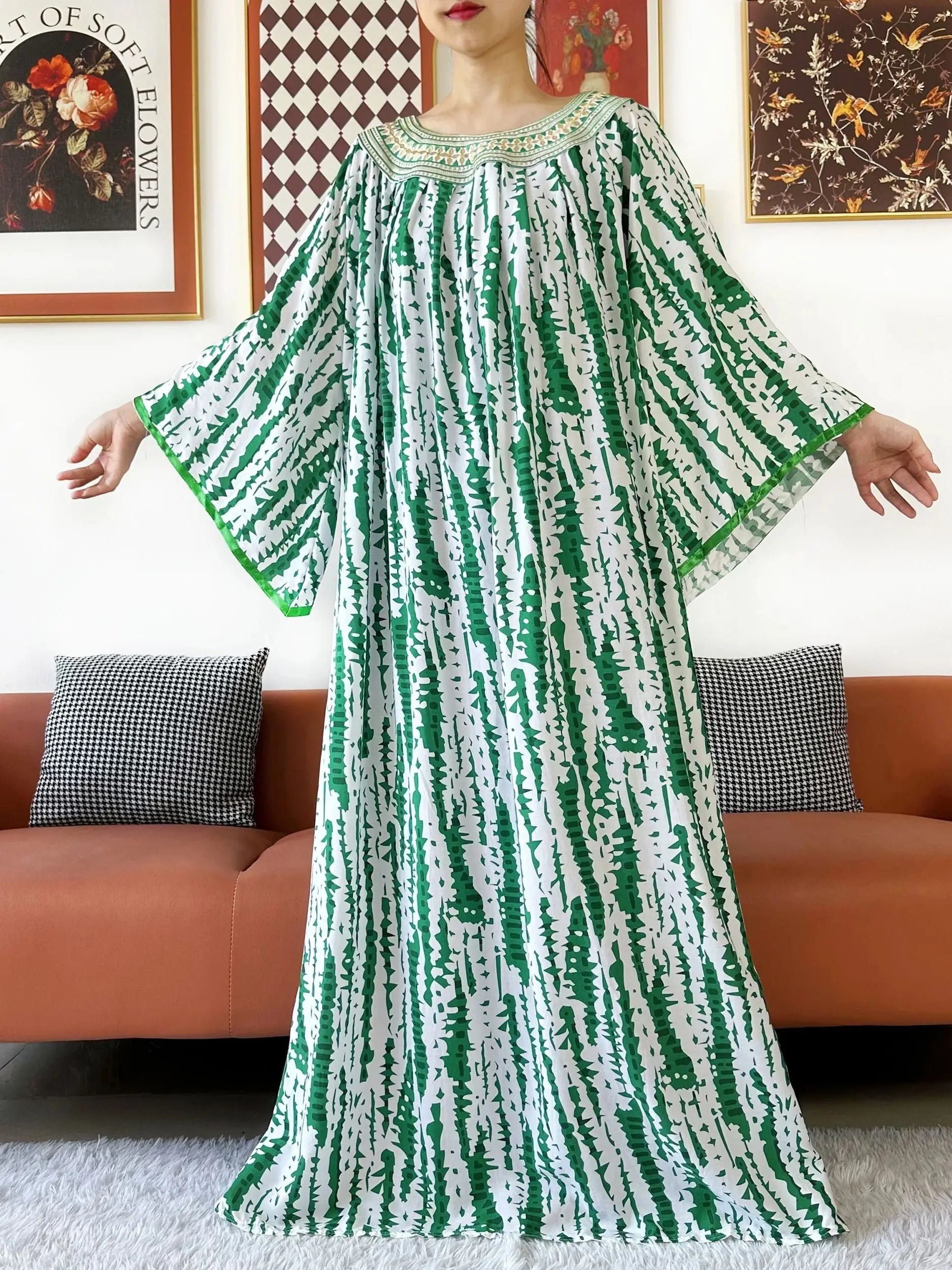 Embroidered Cotton Abaya Dress – Loose Boho Maxi Kaftan with Tassel Detail (One Size, 6 Colours)