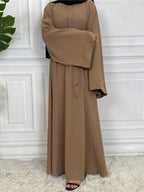 Elegant Modest Maxi Dress with Waist Tie – Long Sleeve Woven Abaya Style Dress for Women (All Season)