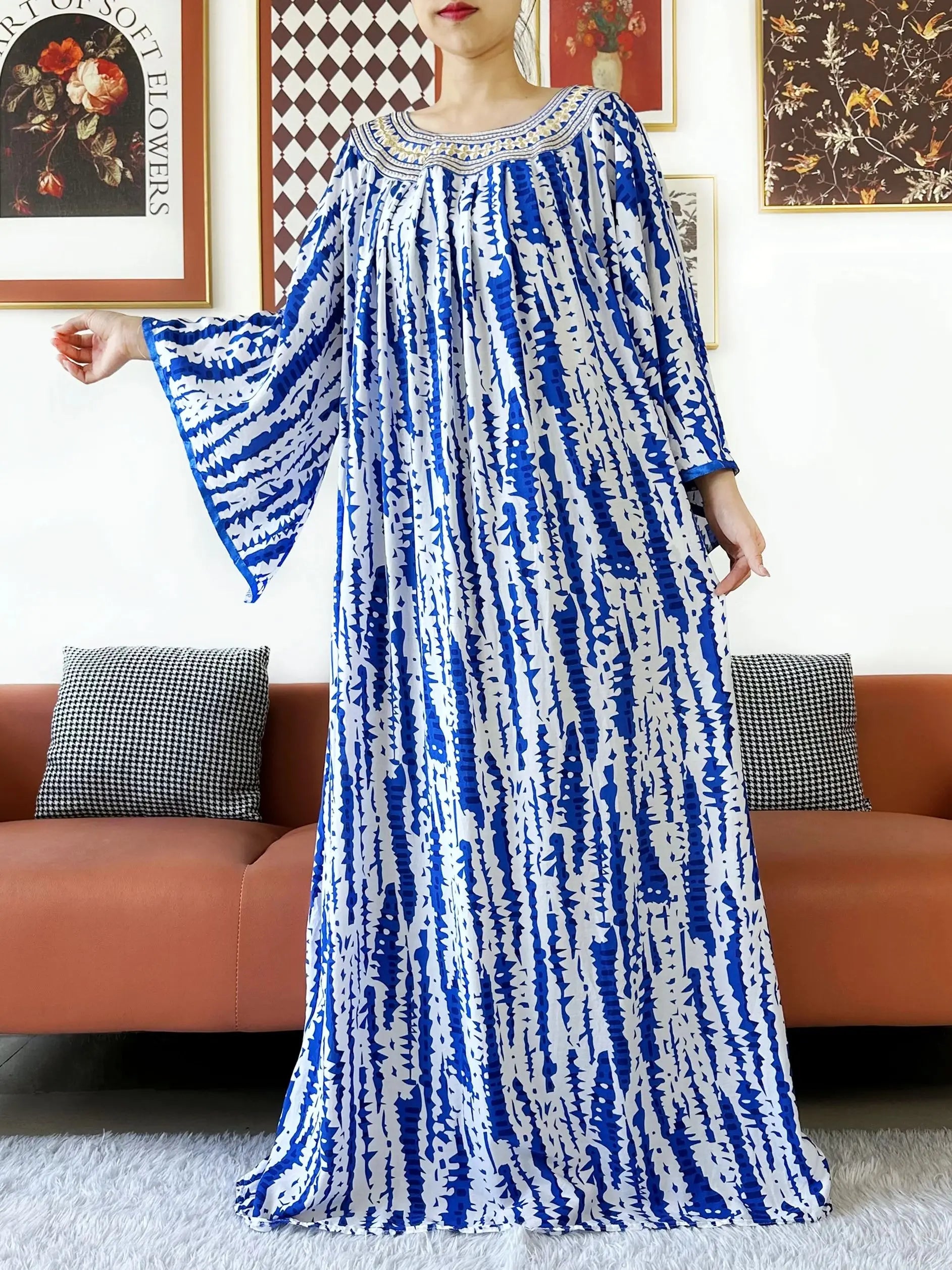 Embroidered Cotton Abaya Dress – Loose Boho Maxi Kaftan with Tassel Detail (One Size, 6 Colours)