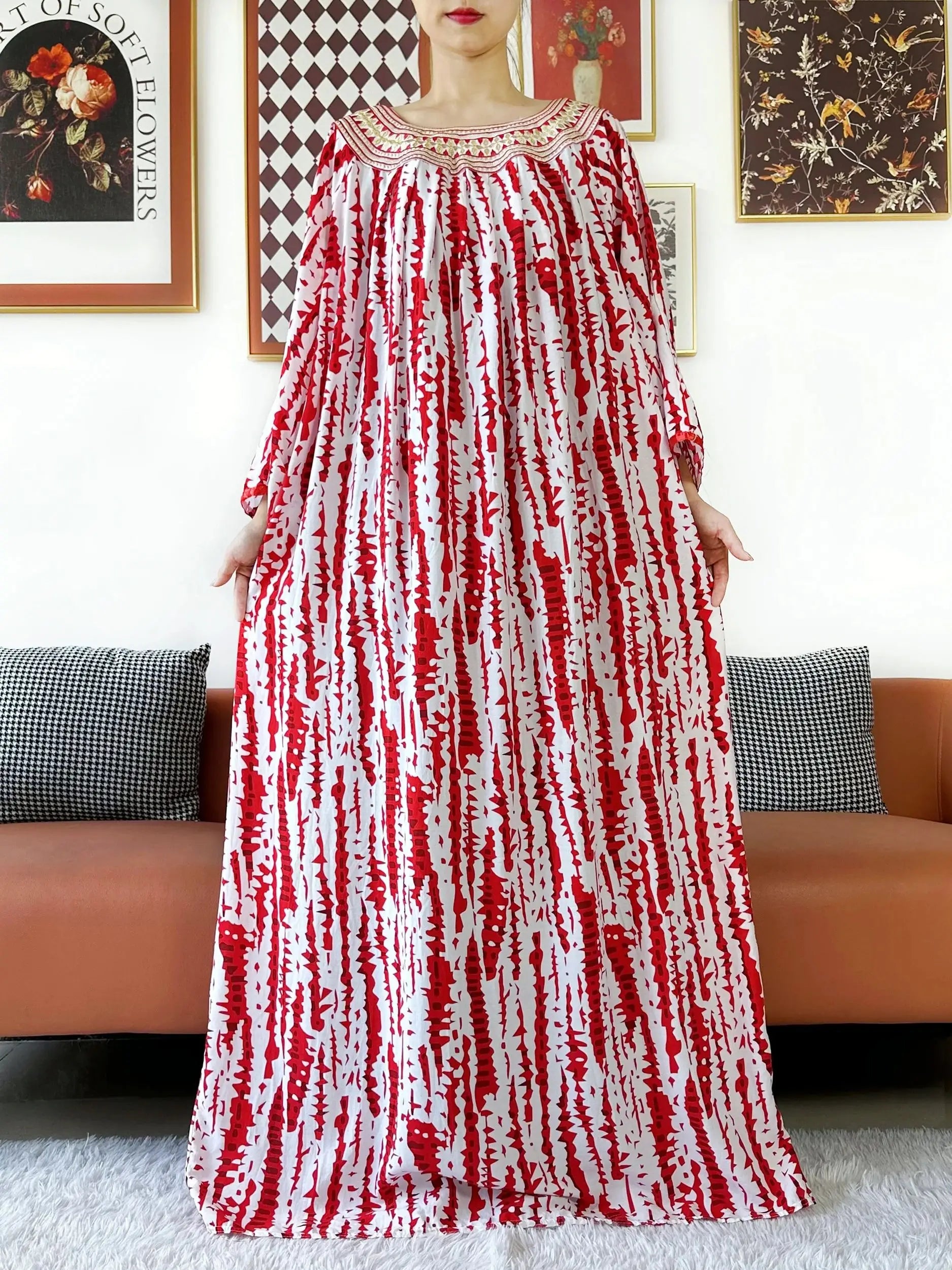 Embroidered Cotton Abaya Dress – Loose Boho Maxi Kaftan with Tassel Detail (One Size, 6 Colours)