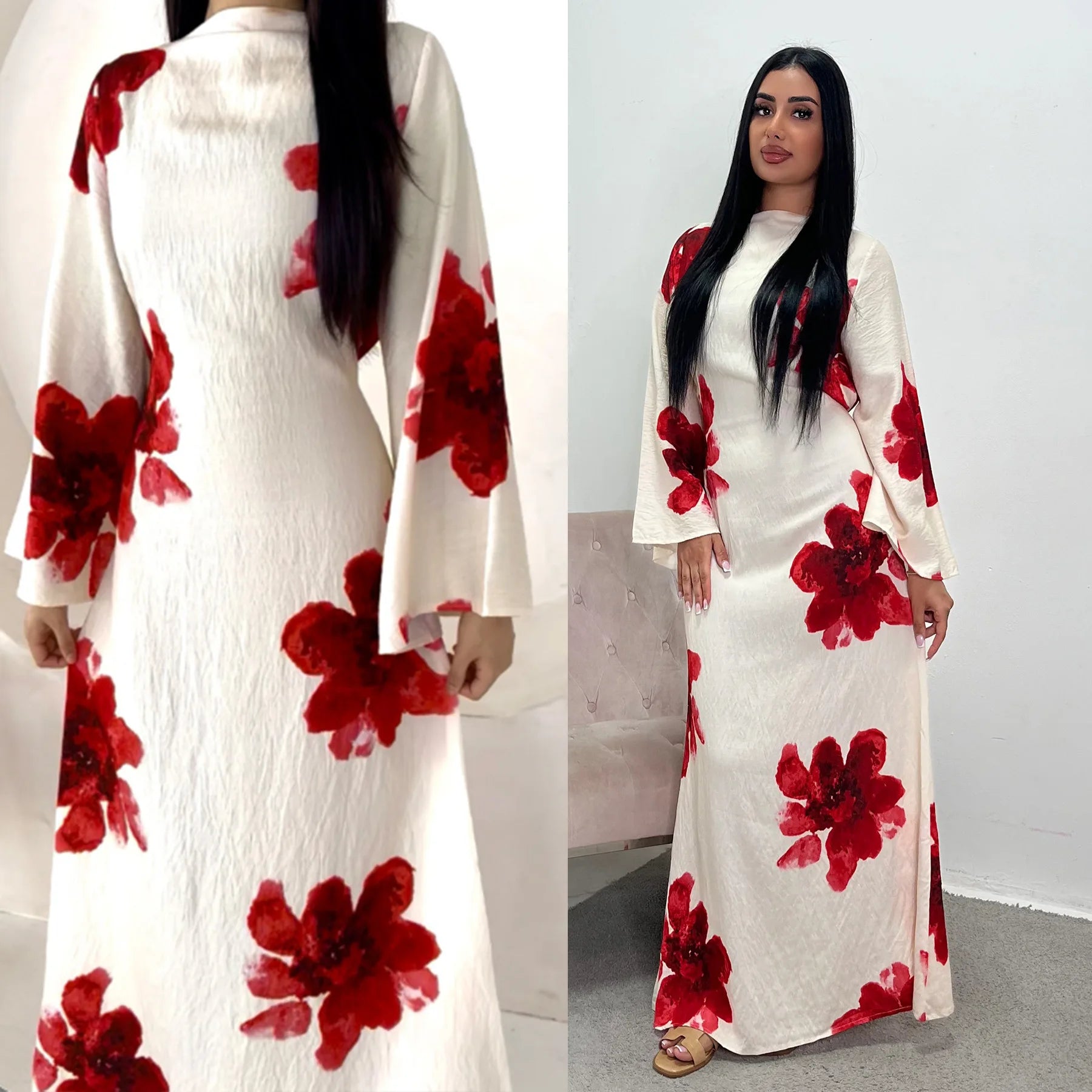 Elariah Arabesque Floral Bell Sleeve Abaya Dress – Elegant Modest Maxi Kaftan for Eid, Ramadan & Occasion Wear