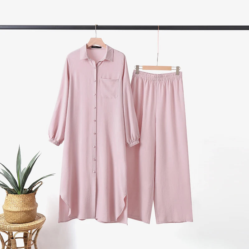 Elariah Modest Co-Ord Abaya Set – Long Sleeve Button Shirt & Wide-Leg Trousers | Casual Islamic Outfit for Women
