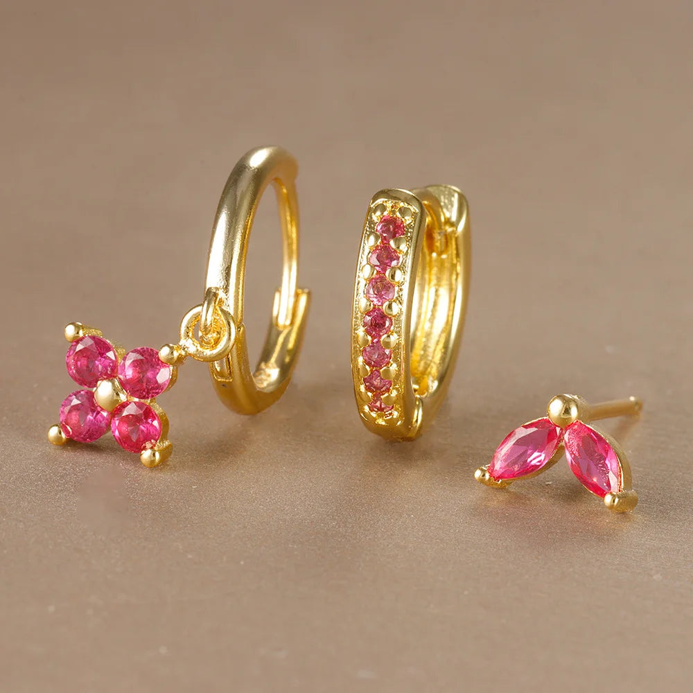 3-Piece Stainless Steel Flower Drop Earrings Set with Cubic Zirconia – Hypoallergenic Floral Dangle Earrings for Women