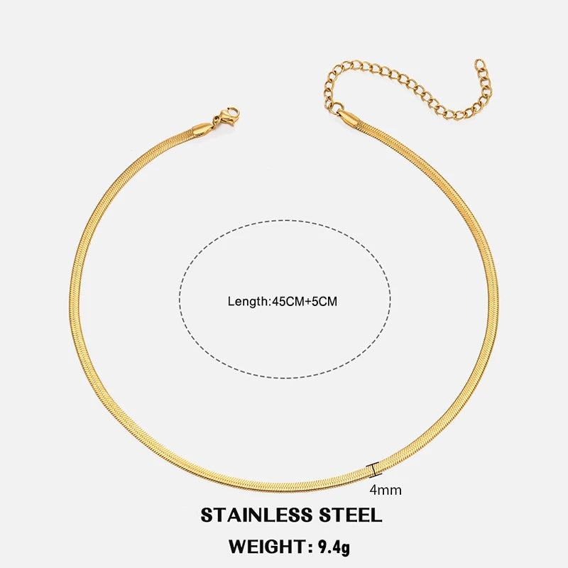 Classic Flat Snake Chain Choker Necklace – Stainless Steel Herringbone Design in Gold & Silver