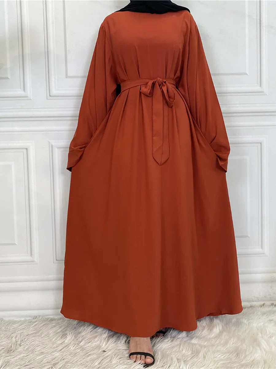Elegant Modest Maxi Dress with Waist Tie – Long Sleeve Woven Abaya Style Dress for Women (All Season)
