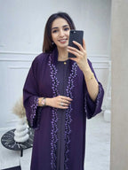 Elegant Beige Embroidered Abaya for Women – Dubai Style Modest Open Front Maxi Dress with Multicolour Detailing (All-Season)