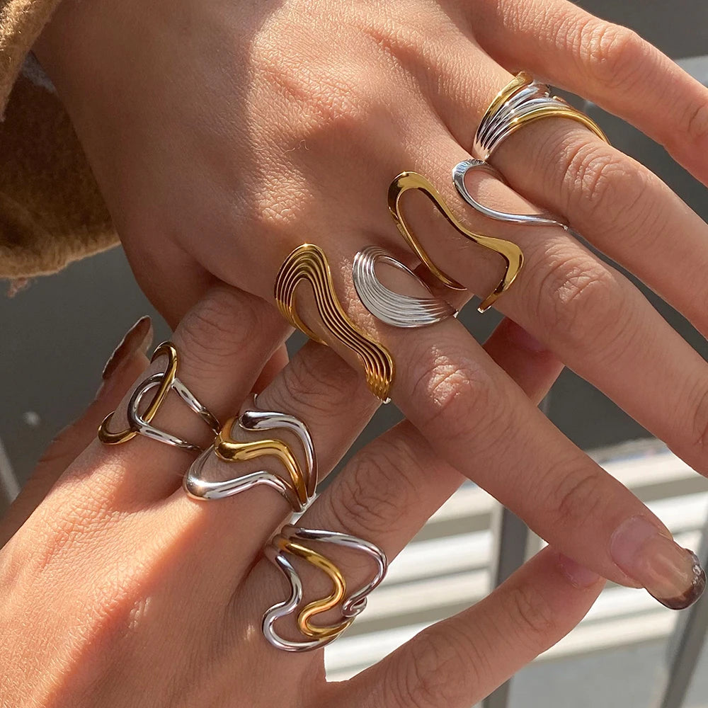 Minimalist Two-Tone Irregular Ring – 18K Gold Plated Stainless Steel Women’s Stackable Jewelry