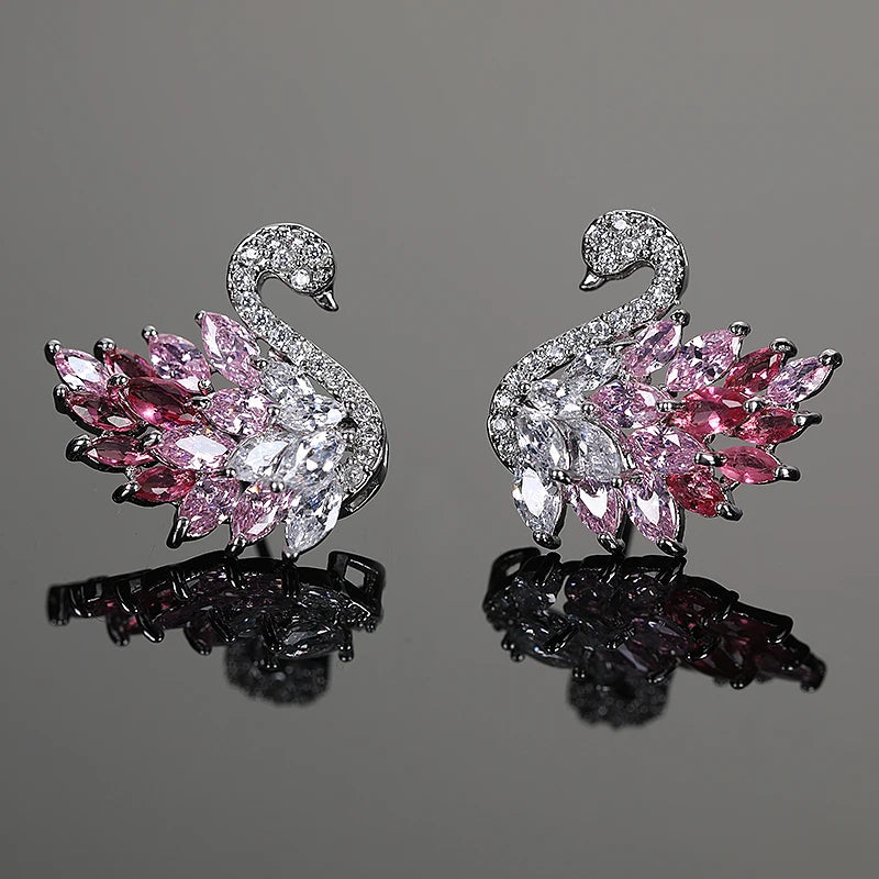 Swan Zircon Stud Earrings for Women – Gold Plated Copper Long Swan Earrings with Micro-Pavé Cubic Zirconia | Elegant Goddess Style Jewelry