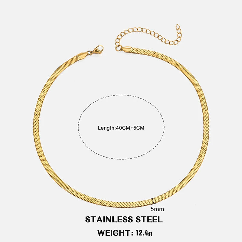 Classic Flat Snake Chain Choker Necklace – Stainless Steel Herringbone Design in Gold & Silver