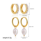 2-Pair Set Vintage Pearl Dangle Hoop Earrings – 18K Gold Plated Stainless Steel Hoops for Women