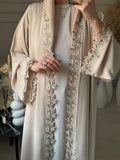 Elegant Beige Embroidered Abaya for Women – Dubai Style Modest Open Front Maxi Dress with Multicolour Detailing (All-Season)
