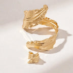 Vintage Gold Leaf Bracelet & Adjustable Ring Set for Women – Pleated Leaf Design, Elegant Gold Tone Jewelry Set