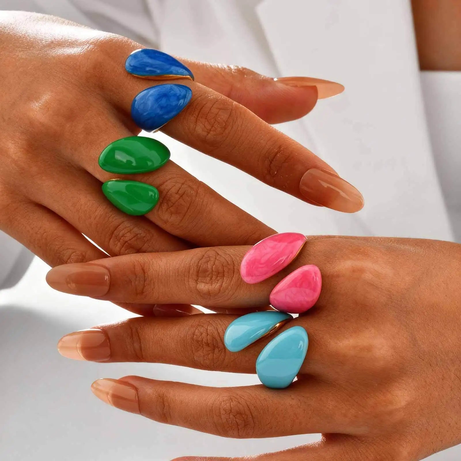 Chunky Enamel Twist Ring for Women – Gold Plated Stainless Steel Open Crossover Statement Ring, Waterproof Stackable Band (Blue/Green/Pink)