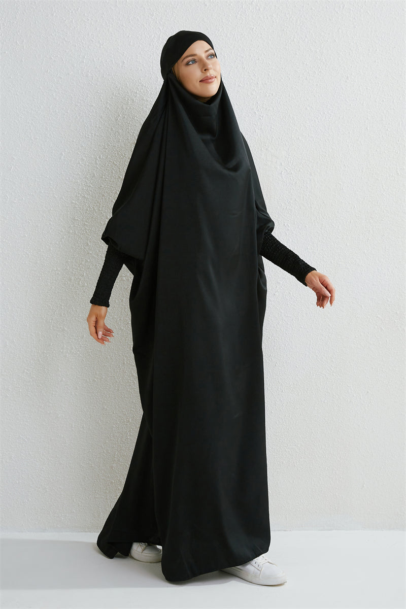 Elariah Hooded Modest Abaya Dress – Loose Fit One-Piece Jilbab with Smocked Sleeves (Black)