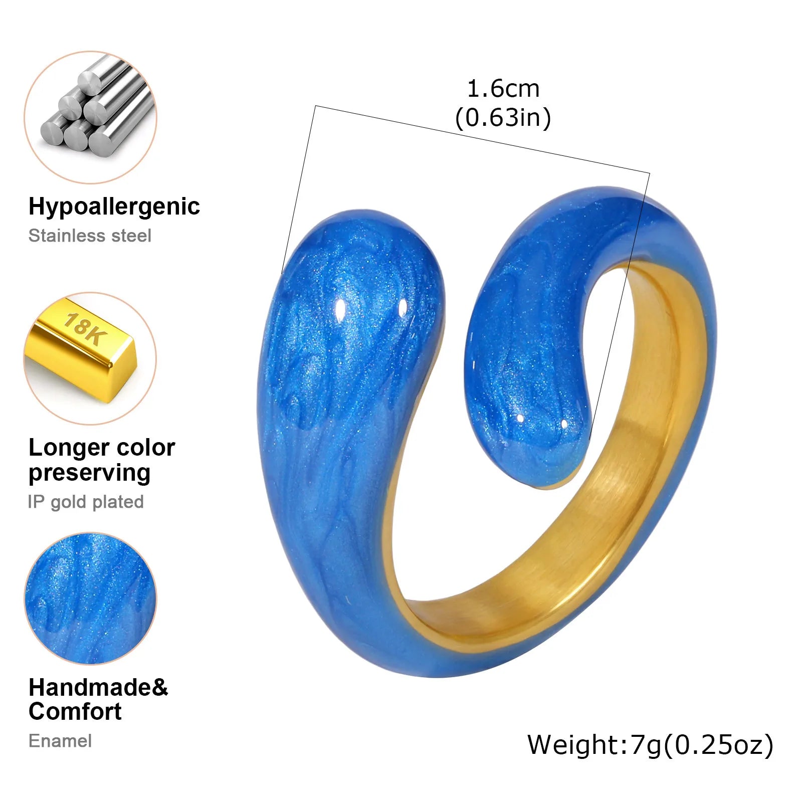 Chunky Enamel Twist Ring for Women – Gold Plated Stainless Steel Open Crossover Statement Ring, Waterproof Stackable Band (Blue/Green/Pink)