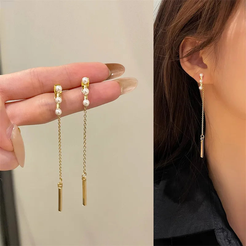 Elegant Pearl Long Tassel Drop Earrings – Fashion Metal Chain Jewelry for Women
