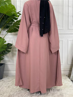 Elegant Modest Maxi Dress with Waist Tie – Long Sleeve Woven Abaya Style Dress for Women (All Season)