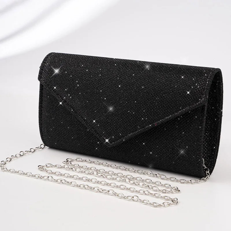 Elariah Shimmer Envelope Clutch Bag – Silver Glitter Evening Handbag with Chain Strap for Weddings & Party Wear